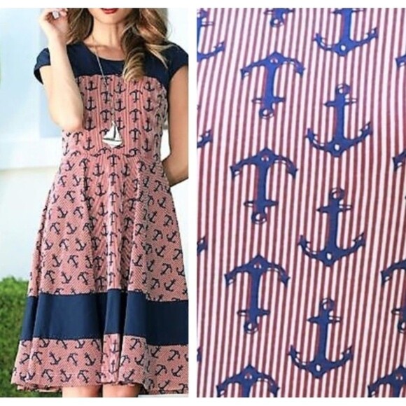 EFFIE'S HEART ANCHORS AWAY Sz XS AOP Anchor Print Fit Flare Skater Retro Dress - Picture 1 of 7